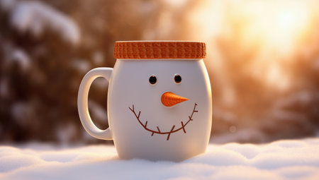 Snowman mug in the snow. Christmas and New Year concept.の素材