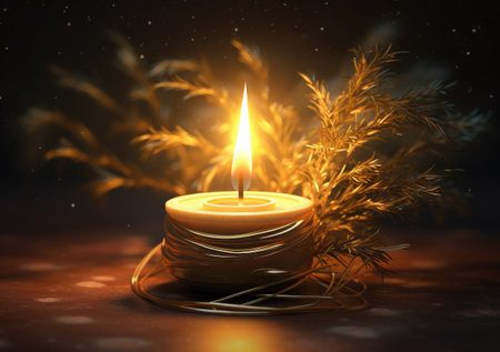illustration of a burning candle on a dark background with grassの素材
