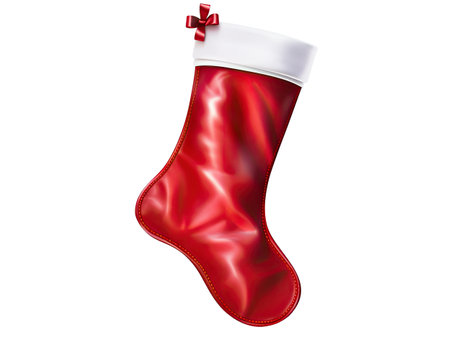 Realistic Christmas stocking with red ribbon isolated on white background. Vector illustration.の素材