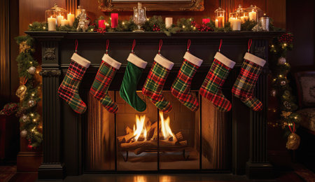 Christmas stocking on the fireplace in the living room with a burning fireの素材