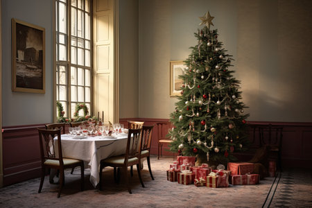 Christmas dining room interior with Christmas tree and presents.の素材