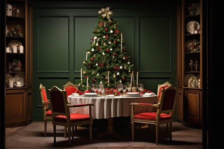 Luxury Christmas dinner in classic interior with Christmas tree.の素材