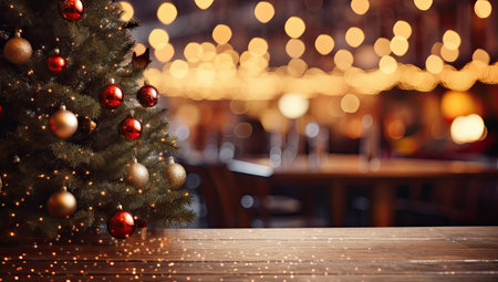 Empty wooden table with Christmas tree and bokeh lights on backgroundの素材
