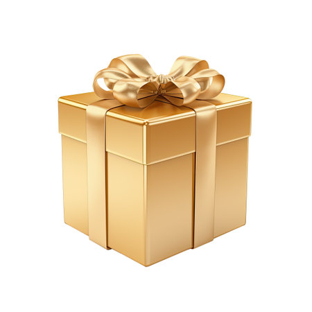 Golden gift box with golden bow isolated on white background. Vector illustration.の素材