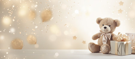 Cute teddy bear with gift boxes and bokeh backgroundの素材