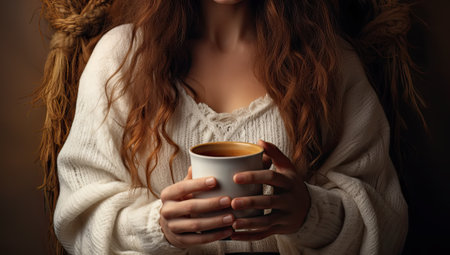Young woman with cup of hot drink on dark background, closeupの素材