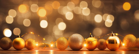golden christmas balls on bokeh background with copy spaceの素材