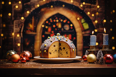 Panettone, a traditional italian christmas cake on wooden tableの素材
