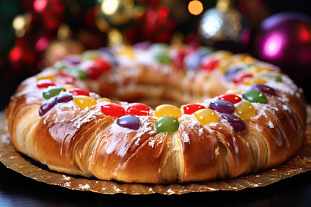 Christmas cake with colorful candies on a dark background. Close-up.の素材