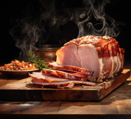 Smoked pork ham on a wooden board with smoke in the backgroundの素材