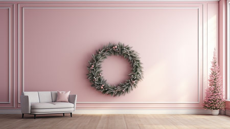 Christmas wreath on pink wall in modern interior.の素材