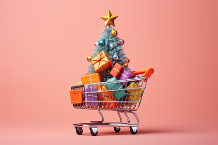 Shopping cart with christmas tree and gift boxes on pink backgroundの素材