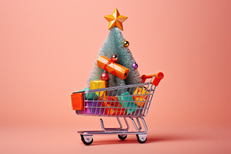 Shopping cart with Christmas tree and gifts on a pink background.の素材