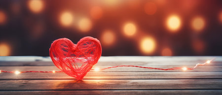 Red heart on a wooden table with bokeh background. Valentines day concept.の素材