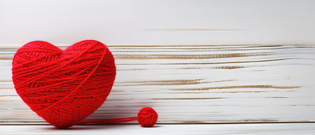 Red yarn heart on white wooden background, valentine day conceptの素材