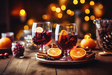Mulled wine with spices and fruits on wooden table. christmas backgroundの素材