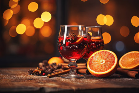 Two glasses of mulled wine with spices on wooden table in front of christmas lightsの素材
