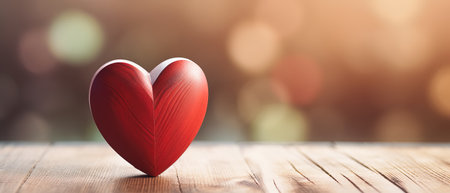 Red heart on wooden table with bokeh background, valentines day conceptの素材