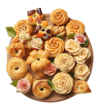 Wooden plate with sweet pastries and roses isolated on white backgroundの素材