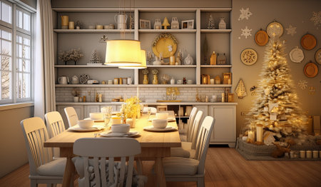 beautiful dining room with Christmas tree and decorationsの素材