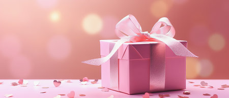 Gift box with pink ribbon on pink bokeh background.の素材
