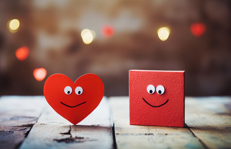 Valentines day greeting card. Two red hearts in the shape of a smiley face on a wooden background.の素材