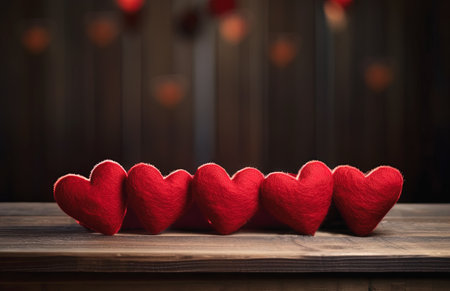 Valentines day background with red hearts on wooden table and bokehの素材