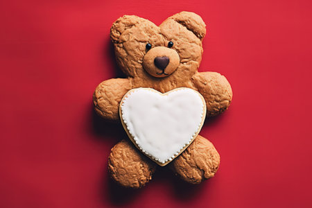 gingerbread bear with a heart on a red background, top viewの素材