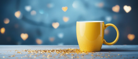 Cup of coffee with bokeh lights on blue background.の素材