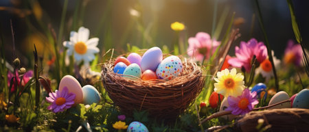Easter eggs in nest on green grass with flowers. Easter backgroundの素材