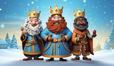 Three wise men of christmas with crowns in christmas landscape .kings Day Concept, letter to the Three Wise Men.の素材