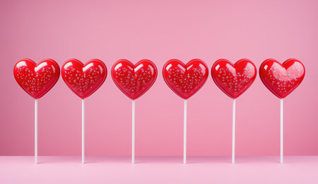 Red heart lollipops on pink background.の素材