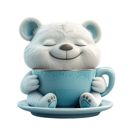 3D rendering of a cute teddy bear with a cup of coffeeの素材