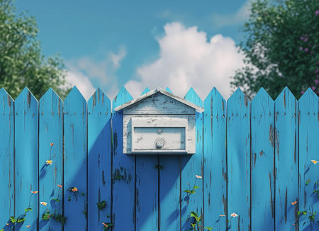 Mailbox on blue wooden fence. 3d illustration. Blue sky background.の素材