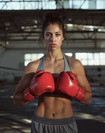 Portrait of beautiful young woman with boxing gloves in fitness studio.の素材