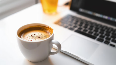 Coffee cup with laptop on white table, work from home conceptの素材