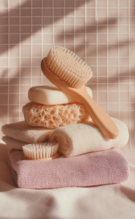 Spa still life with massage brush and towels on beige backgroundの素材