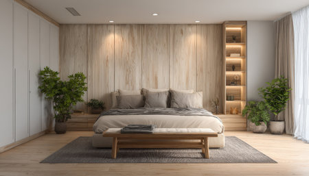 Interior of modern bedroom with wooden walls, wooden floor and comfortable king size bed. 3d renderingの素材