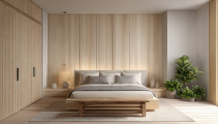 Interior of modern bedroom 3D rendering.There are wooden wallの素材