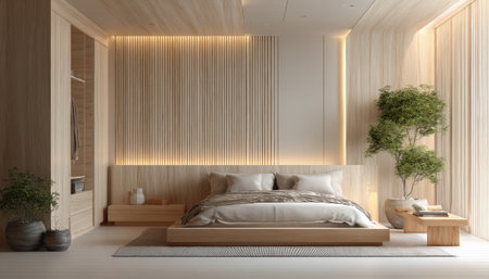 3d rendering Bedroom in a modern style with wooden wall backgroundの素材