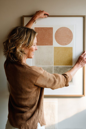 Side view of smiling mature woman looking at picture on wall at homeの素材