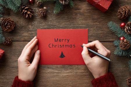 Hands writing Merry Christmas on red card with fir tree and decoration on wooden backgroundの素材