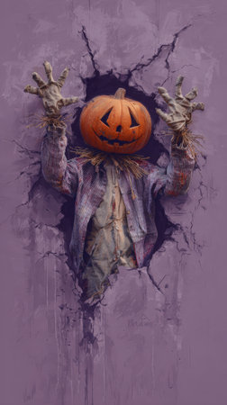 halloween concept Scary halloween pumpkin in a mummy costume with horns on a purple background.の素材