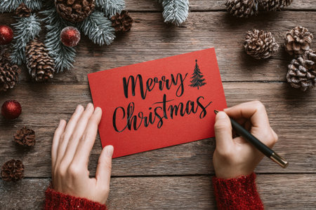 Hands writing Merry Christmas on paper with christmas decoration on wooden tableの素材