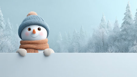 Cute snowman with blank banner in winter forest. 3d illustrationの素材