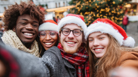 Multiethnic group of friends in Santa hats taking selfie on christmas marketの素材