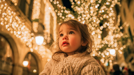 Cute little girl on Christmas market in Paris, France. Happy child with christmas lights on background.の素材