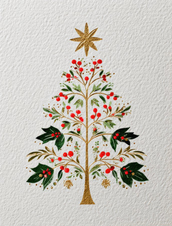 Christmas tree with berries on a white background. Traditional folk ornament.の素材