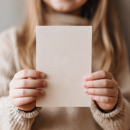 Close up of female hands holding blank card. Mockup for branding identity.の素材