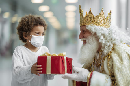 King Melchior delivering a gift in a modern hospital to a child with curly hair, wearing a hospital gown and protective maskの素材